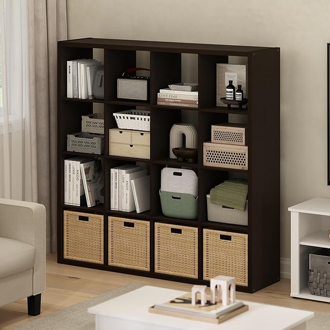 Furinno Cubicle Book Shelf, 16-Cube Thick Frame Bookshelf, Reversible Bookcase with Open Back, 14.6 x 57.8 x 58, for Living Room, Bedroom, Home Office, Black Dark Oak