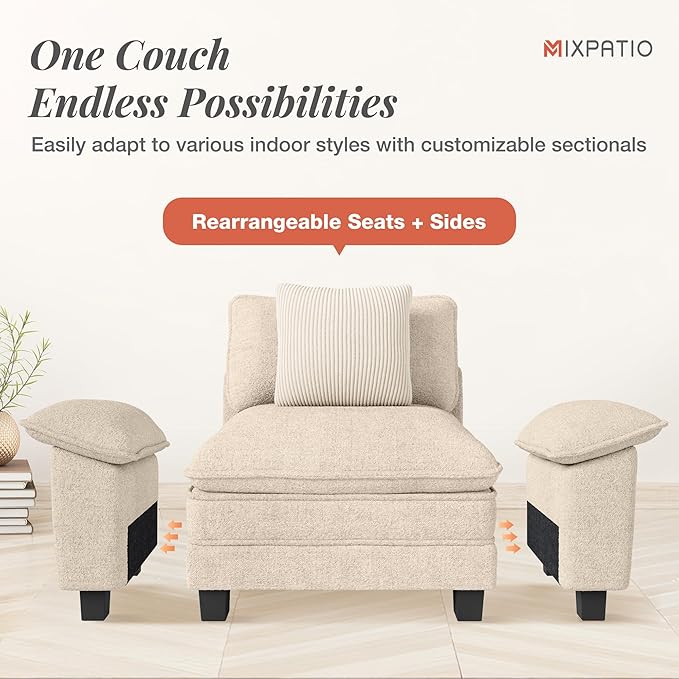 Cloud Couch Sectional Sofa Set, Plush 24.4-Inch Deep 7-Seat Sectional with Velvety Chenille & Removable Arms for Living Room and Apartment, Beige