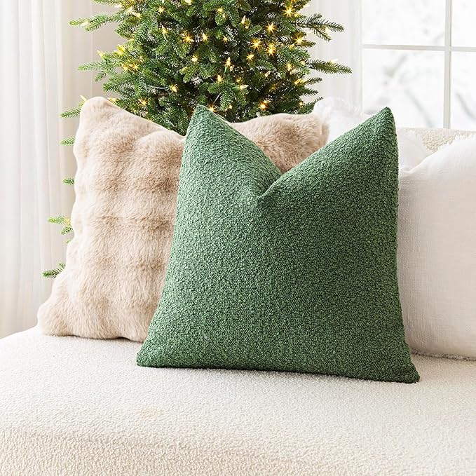 Foindtower Set of 2, Decorative Textured Boucle Throw Pillow Covers Accent Solid Pillow Cases Neutral Cozy Couch Cushion Case for Chair Sofa Bedroom Living Room Home Decor 24 x 24 Inch Hunter Green