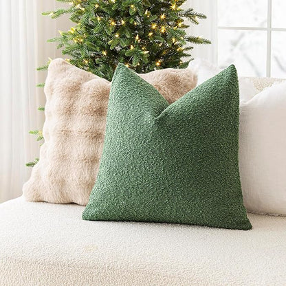 Foindtower Set of 2, Decorative Textured Boucle Throw Pillow Covers Accent Solid Pillow Cases Neutral Cozy Couch Cushion Case for Chair Sofa Bedroom Living Room Home Decor 24 x 24 Inch Hunter Green
