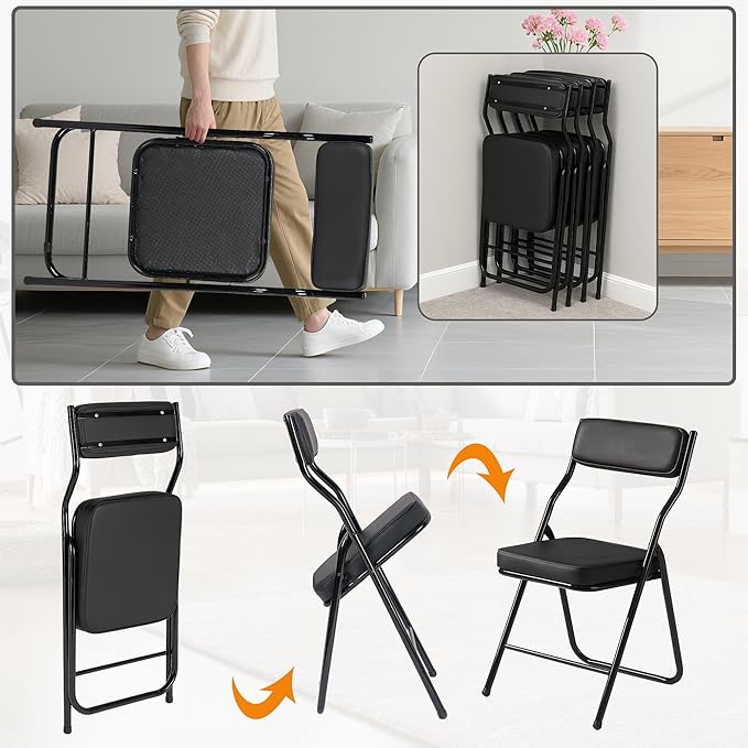 10 Pack Padded Folding Chairs with Cushion, Foldable Dining Chair Set Portable Indoor Outdoor Stackable Folding Chairs with Steel Frame for Home Office Events Wedding Party Black