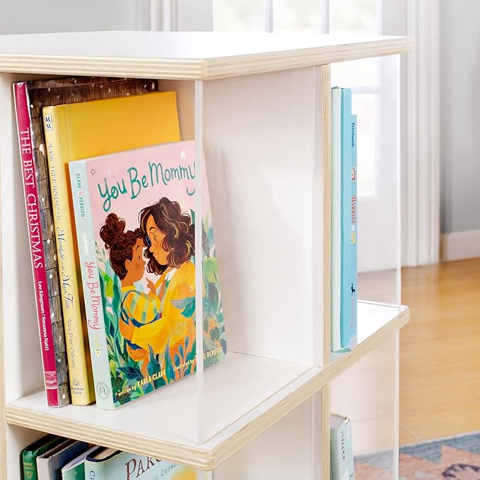 Guidecraft EdQ Rotating Bookshelf for Kids - White: 360 Spinning Plywood Book Organizer with Acrylic Windows: Montessori Bookshelf for Kids Classroom | Playroom Storage and Bookcase for Classroom