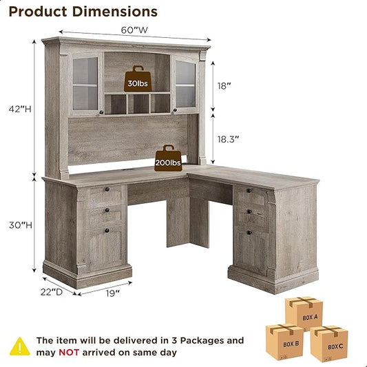 OKD 60" L Shaped Executive Desk with Hutch and Drawers, Farmhouse Home Office Desk with Charging Station, File Cabinet Storage, Wood Corner Computer Desk for Work and Study, Light Rustic Oak