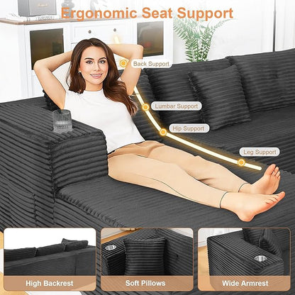 Modular Sectional Sofa, L Shaped Comfy Cloud Couch with Deep Seat, Boneless Couch for Living Room, Modern Sectional Sleeper with Chaise, No Assembly Required, Sofa in A Box, Black Corduroy