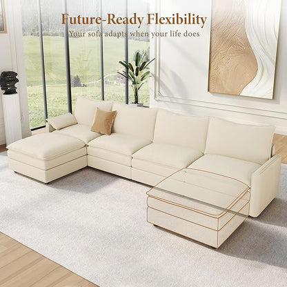 Vesgantti 142" Cloud Couch Sectional Modular Sofa, Comfy Sectional Couch with Ottoman Deep Seat Chenille L Shaped Sofa, Modular Couches for Living Room, Bedroom and Apartment, Beige