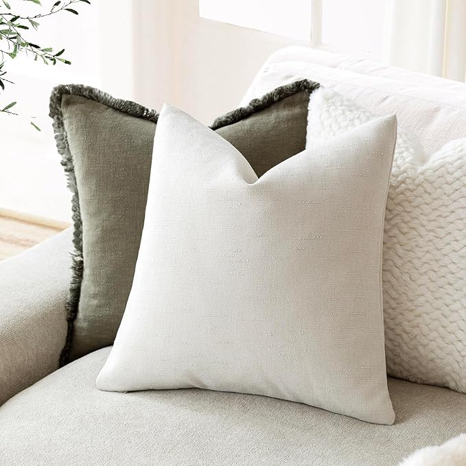 Foindtower Pack of 2 Textured Chenille Throw Decorative Pillow Covers Square Accent Solid Cushion Cover Cozy Neutral Farmhouse Pillow Case for Couch Sofa Bedroom Living Room 26x26 Inch, Ivory White