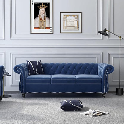 Chesterfield 3 Seater Sofa, Modern Velvet Tufted Couch 3 Seater with Rolled Arms and Nailhead Mid-Century Upholstered Couch for Living Room, Bedroom, Apartment and Office, Blue