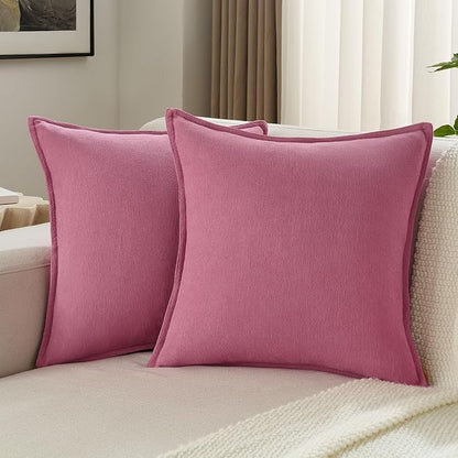 FUTEI Hot Pink Chenille Throw Pillow Covers 22x22 Inch Set of 2,Edges Double-Stitched Cushion Cases,Modern Home Decor for Couch Living Room