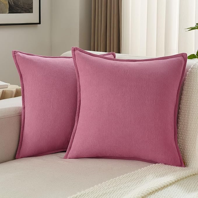 FUTEI Hot Pink Chenille Throw Pillow Covers 20x20 Inch Set of 2,Edges Double-Stitched Cushion Cases,Modern Home Decor for Couch Living Room