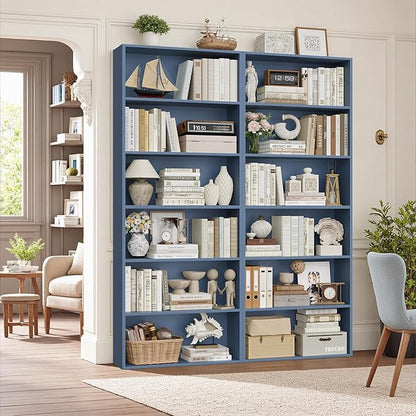 FOTOSOK 70.8" Tall Bookcase Shelf, 6 Tier Wide Bookshelf with Storage, Billy Bookcase Set of 2, Large Bookshelf for Living Room, Home Office,Blue