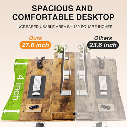 Veken 47.2"×27.6" Standing Desk with Storage Drawers, Adjustable Height Computer Table with Monitor Shelf, Home Office Desk for Study, Gaming, Workstation, Brown