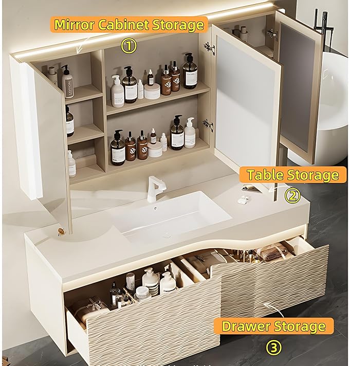 40in Elegant Modern Luxury Bathroom Vanity with Sink - Wall Mounted Solid Wood Cabinet & Smart LED Defogging Mirror | Single Sink Bathroom Cabinets
