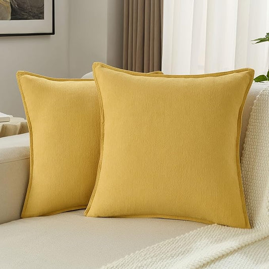 FUTEI Mustard Yellow Chenille Throw Pillow Covers 26x26 Inch Set of 2,Edges Double-Stitched Euro Pillow Shams,Modern Home Decor for Couch Living Room