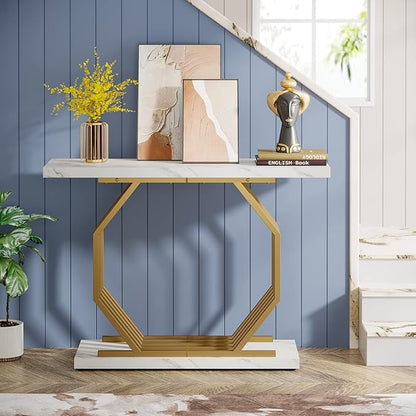 Tribesigns Gold Console Table, Faux Marble Entryway Table Narrow Sofa with Geometric Metal Base, 40 Inch Modern Accent Entrance for Living Room, Hallway, Foyer, White and Gold