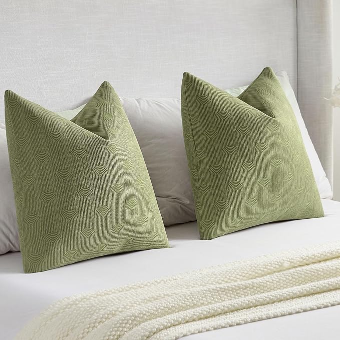 FUTEI Moss Green Chenille Decorative Throw Pillow Covers 12x20 Inch Set of 2,Soft Cozy Striped Geometric Patterns Lumbar Pillow Cases,Modern Home Decor for Couch Bed Living Room