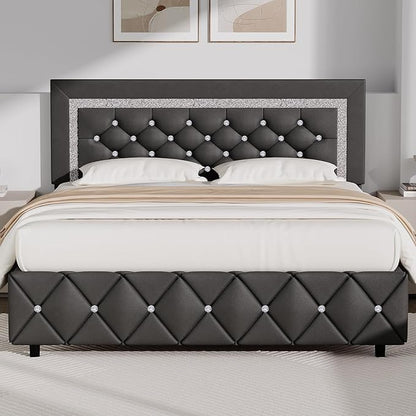 BarnFurin Full Bed Frame with Diamond Tufted Headboard, Faux Leather Upholstered Bed with Wooden Slats Support, No Box Spring Needed, Mattress Foundation, Easy Assembly, Gray