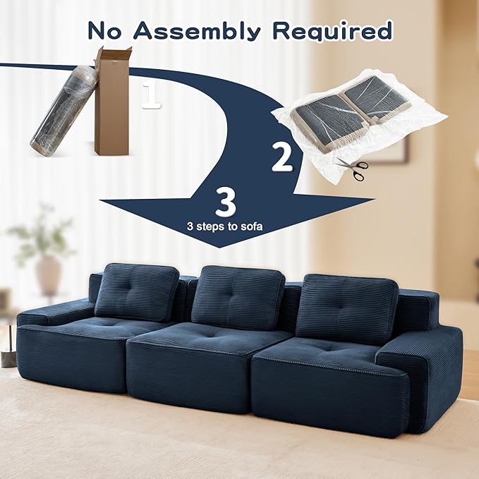 115.3” Blue Boneless Couches for Living Room, Modular Sectional Sofa, 3 Seater Comfy Upholstered Deep Seat Corduroy Fabric Cloud Couch No Assembly, Anti-Slip Design