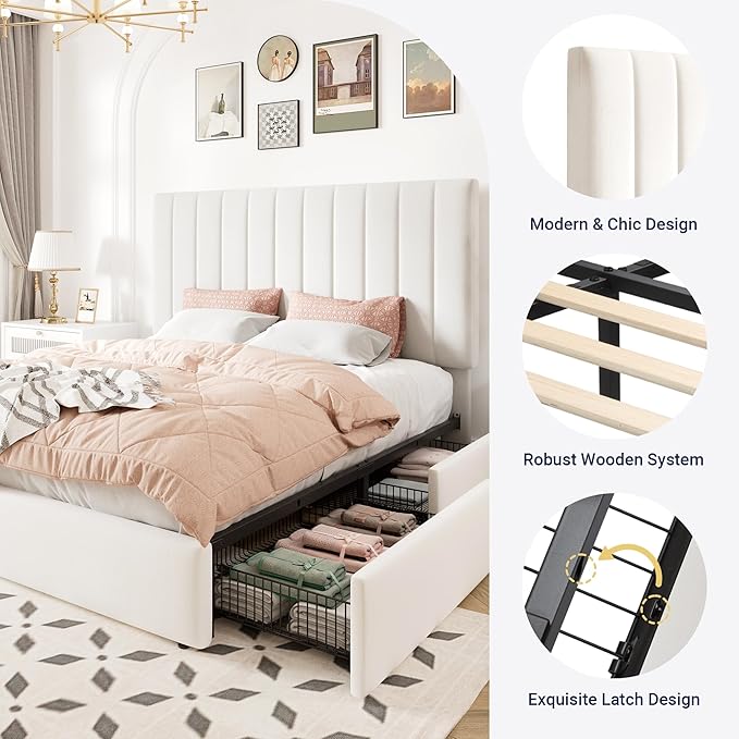Allewie Queen Size Storage Bed Frame, Vertical Channel Tufted Adjustable Headboard, Velvet Upholstered Platform Bed with 4 Oversized Underbed Drawers, Wooden Slats Support, No Box Spring Needed, White