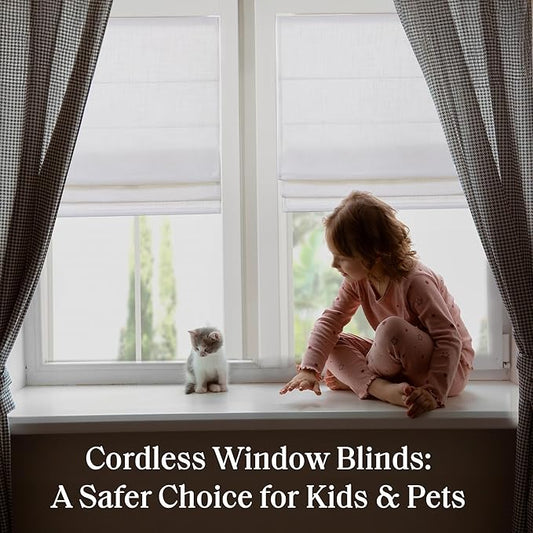 Madison Park Kyler Cordless Roman Shades - Single Panel, Lightweight Linen Blend Fabric, Natural Design, Easy Installation, Light Filtering Window Blind, Bedroom, Living Room Decor 27"W x 64"H White