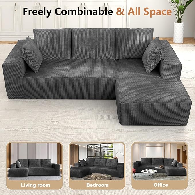 108” Cloud Sectional Couch, Modular Sectional Sofa with Deep Seat, Corduroy Boneless Couches with Chaise for Living Room Bedroom, No Assembly Required