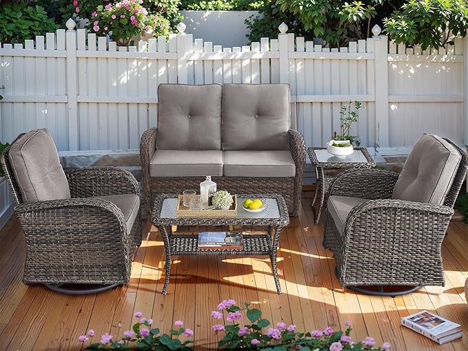 HUMMUH 5-Piece Patio Furniture PE Wicker Outdoor Conversation Set,All-Weather Rattan Swivel Chairs Outdoor Glider Couch for Backyard,Poolside,Deck