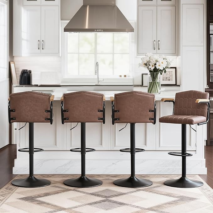 VECELO Bar Stools Set of 4, Adjustable Upholstered Swivel Barstools, Modern Counter Height Bar Stools with Back and Footrest, Island Chairs for Kitchen, Dining Room, Bar