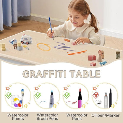 Kids Study Table and Chairs Set, Height Adjustable Toddler Table and Chair Set for Kids Ages 3-8, 23.6" L x 23.6" W Graffiti Desktop Plastic Children Art Table with 2 Seats, Burlywood