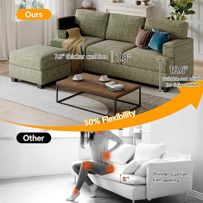 85'' L Shaped Couch with Armrest Organizer,3 Seats Sofas with Movable Ottoman,Comfy Sectional Sofa with Thick Cushion,Chenille Sectional Couches for Living Room,Bedroom,Apartment,Home Furniture,Green