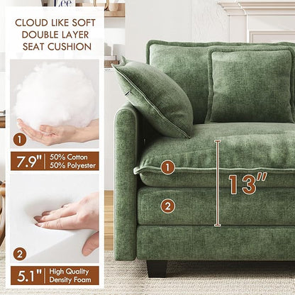 WorthFurni 111.4” Modular Sectional Sofa, U Shape Cloud Couch with 2 Movable Ottoman, Comfy Chenille Deep Seat Sofa with Soft Pillows for Living Room Apartment (Green)