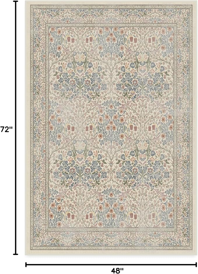 RUGGABLE x Morris & Co Washable Area Rug – Blackthorn Ivory Blue 4x6, Stain-Resistant, Non-Slip – Medium Machine Washable Rugs for Living Room, Bedroom, Hallway, Entryway & Office–with Standard Pad