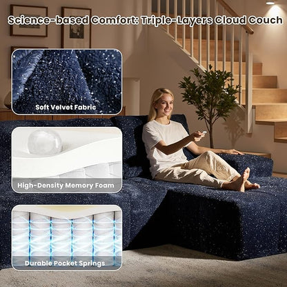 114" Glitter Cloud Sectional Couch with L-Shape Chaise & Ottoman, Modern Boneless Couches for Living Room, Fluffy Tufted Deep Seat Modular Sofa No Assembly (Blue Sparkly Velvet,Right Facing)