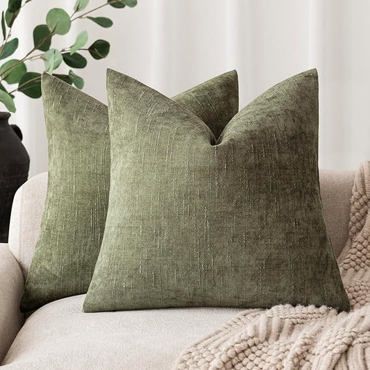 Foindtower Pack of 2 Soft Textured Chenille Throw Decorative Pillow Covers Square Accent Solid Cushion Cover Cozy Neutral Farmhouse Pillow Case for Couch Sofa Bedroom Living Room 16x16 Inch,Dark Green