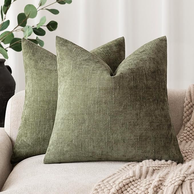 Foindtower Pack of 2 Soft Textured Chenille Throw Decorative Pillow Covers Square Accent Solid Cushion Cover Cozy Neutral Farmhouse Pillow Case for Couch Sofa Bedroom Living Room 22x22 Inch,Dark Green