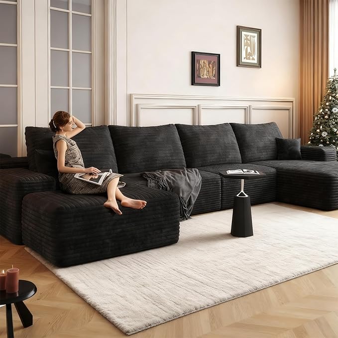 135.4" Oversized Cloud Modular Sectional Sofa, U-Shaped Couches with Ottoman for Living Room, Deep Seat Boneless Couch, 1600lb Weight Capacity, No Assembly Required (Black, Right Facing Chaise)