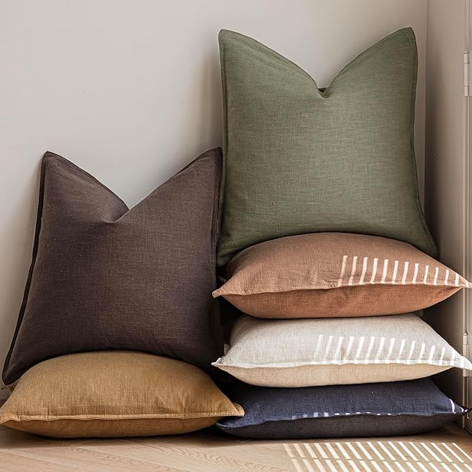 Foindtower Pack of 2, Decorative Linen Soild Throw Pillow Covers Soft Accent Cushion Case Boho Farmhouse Neutral Pillowcase for Couch Sofa Bedroom Living Room Home Decor 20 x 20 Inch Reddish Brown