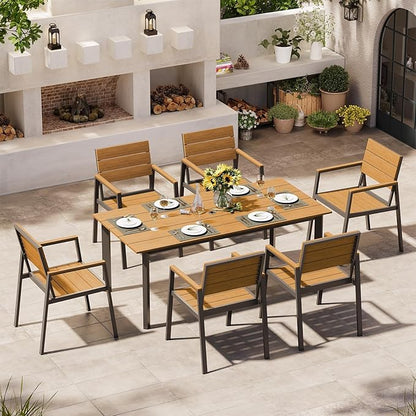 67" Rectangle HDPS Patio Dining Table, Aluminum Outdoor Patio Dining Table with Umbrella Hole, Weather-Resistant for Lawn, Garden, Yard, Poolside and Indoor Use, Gray & Teak