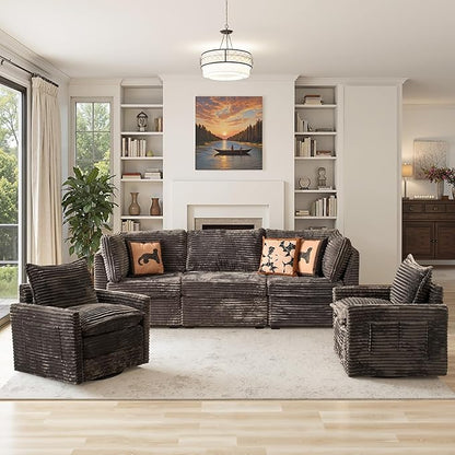 98" Modular Sectional Sofa with Swivel Chairs, Modern Cloud Couch Plush Corduroy 3 Seater Deep Seat Sofas Set & Accent Armchair Set of 2 for Living Room, Gray