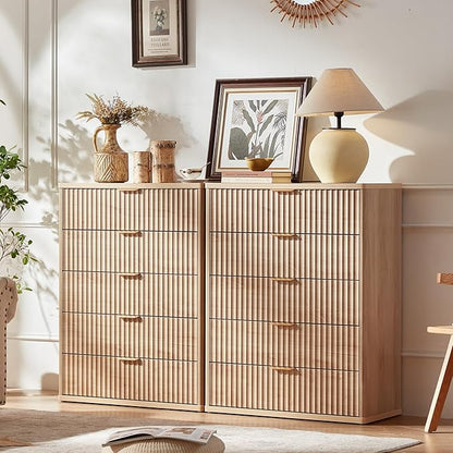 LEYAOYAO Fluted 5 Drawers Dresser for Bedroom, 41" Tall Modern Chest of Drawers with Metal Handle for Bedroom, Living Room, Hallway, Entryway