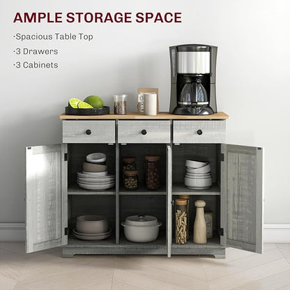 HOMCOM Sideboard with Solid Wood Countertop, Modern Kitchen Storage Cabinet, Coffee Bar Cabinet with 3 Drawers, Doors and Adjustable Shelf, Distressed Light Gray