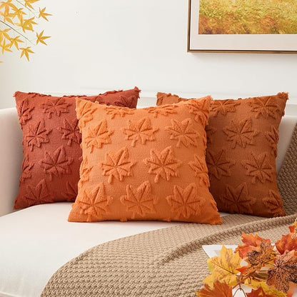 Kevin Textile Maple Leaf Pillow Covers 18x18 Inch Set of 2 Fallen Leaves Embroidery Decor Soft Plush Faux Fur Throw Pillows Pillowcases for Holiday Harvest Decor Sofa Couch Bedroom, Rust
