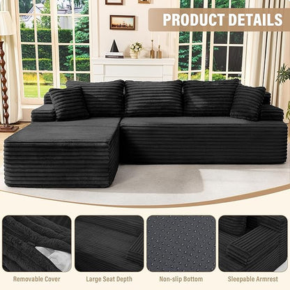 Hobestluk Modular Sectional Couch Sofa,96" Boneless Couches for Living Room, Memory Foam Sectional Couch with Oversized Chaise,L-Shape Couches (Black, Left Facing)