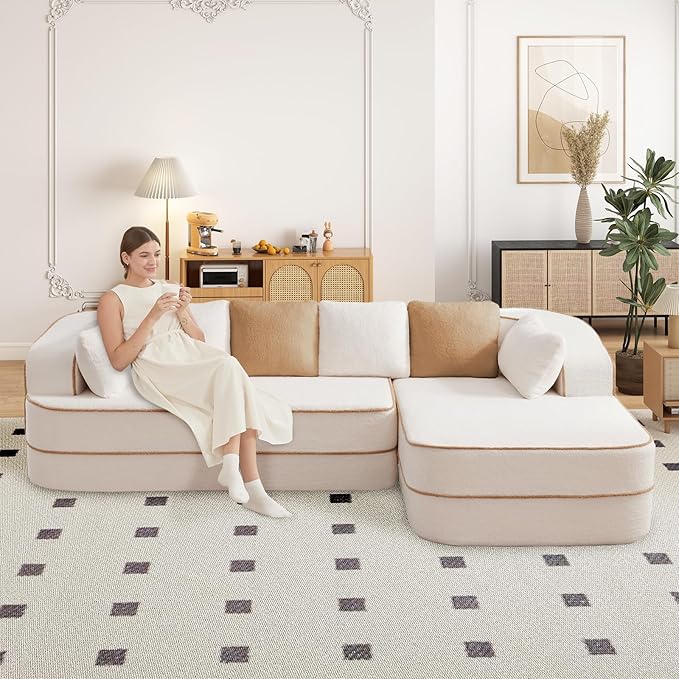Cloud Sectional Sofa Modern Boneless Couch for Living Room, Comfy Deep Seat Comfy Teddy Fabric Double Sofa Chaise No Assembly Required (White, 106" L Shape with Right Facing)
