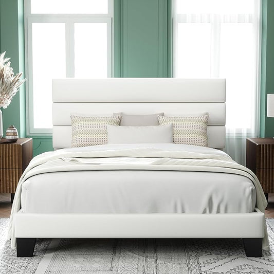 Allewie Full Size Platform Bed Frame with Velvet Upholstered Headboard and Wooden Slats Support, Fully Upholstered Mattress Foundation/No Box Spring Needed/Easy Assembly, White