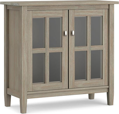SIMPLIHOME Warm Shaker SOLID WOOD 32 inch Wide Transitional Low Storage Cabinet in Distressed Grey for the Living Room, Entryway and Family Room