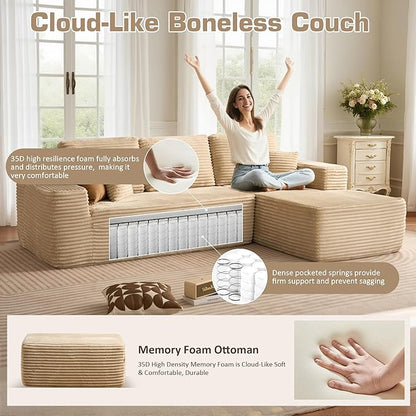 133.1'' Boneless Sectional Couches for Living Room, Oversized Cloud Couch with Chaise & Ottoman, Modular Sofa Sets Deep Seat Plush Corduroy, No Assembly Required,Plush Corduroy,Beige