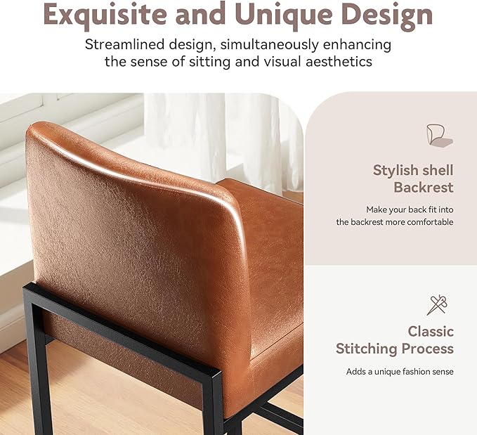 Alpha Home 24 Inch Bar Stools Set of 3, Kitchen Counter Stools with Backs, PU Leather Barstools, Kitchen Stools with Back&Upholstered Footrest, Sturdy Chromed Metal Steel Frame, Brown