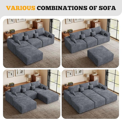 113" Modular Sectional Sofa, Convertible U-Shaped Cloud Couches for Living Room with Ottoman, 5 Seater Corduroy Boneless Couch Sofa Set, No Assembly Required, Grey 1 PCS