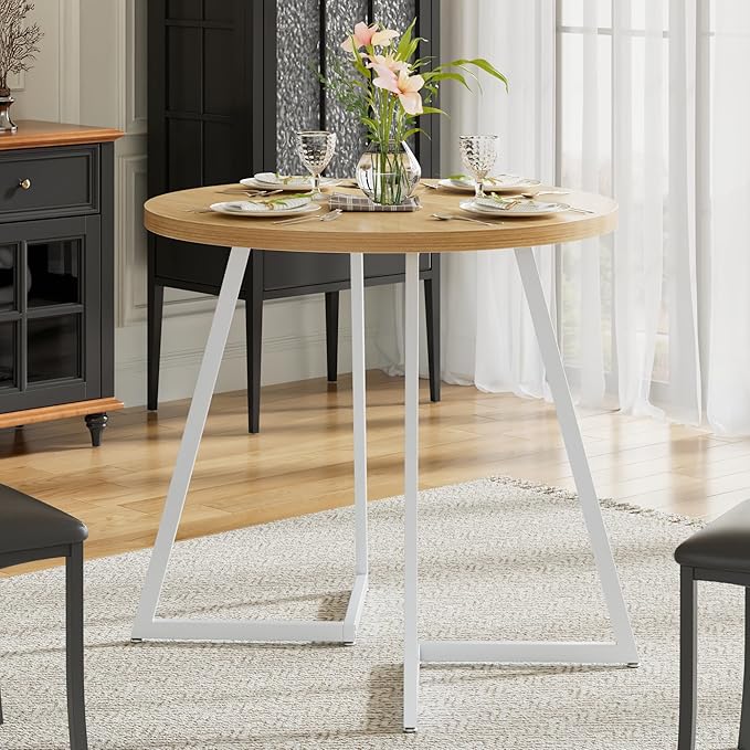 VECELO 35" Round Dining Table for 4, Wood-Grain Tabletop & Heavy-Duty Steel Frame, for Kitchen, Living Room, Easy Assembly, Natural & White
