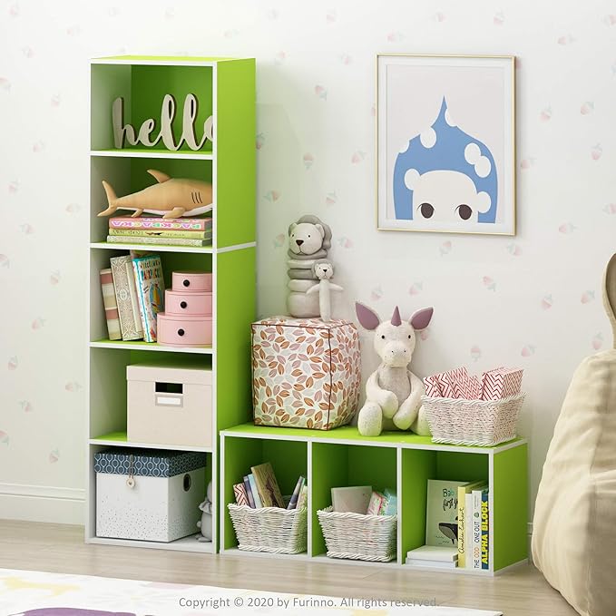 Furinno LUDER Book Shelf, 3-Cube Bookshelf, Bookcase with Open Shelves, 9.3 x 12 x 31.5, for Living Room, Bedroom, Home Office, White/Green