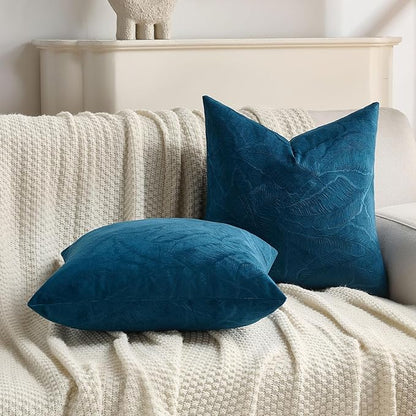 FUTEI Navy Blue Velvet Throw Pillow Covers 20x20 Inch Set of 2,Soft Embossed Leaf-Relief Textured Cushion Cases,Natural Home Decor for Couch Living Room